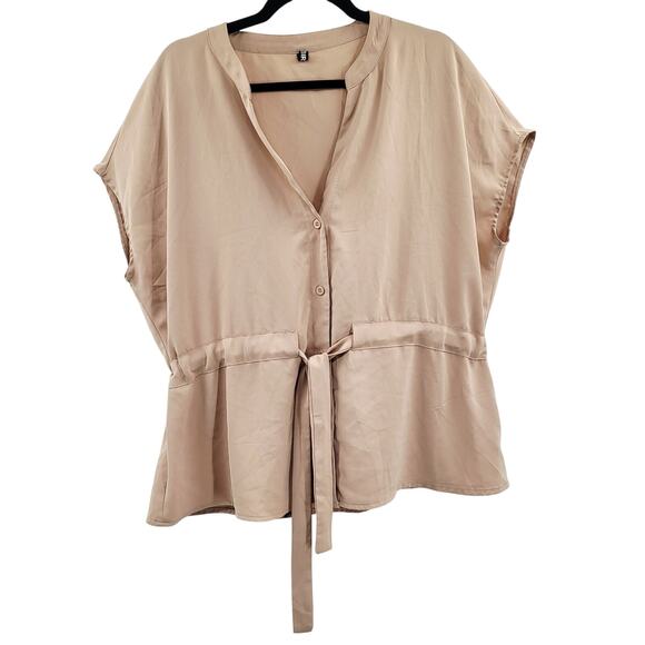 CICIBIRD Beige Peplum Button-Up Chiffon Sleeveless Tie Waist Blouse Top Sz XL - Picture 2 of 9